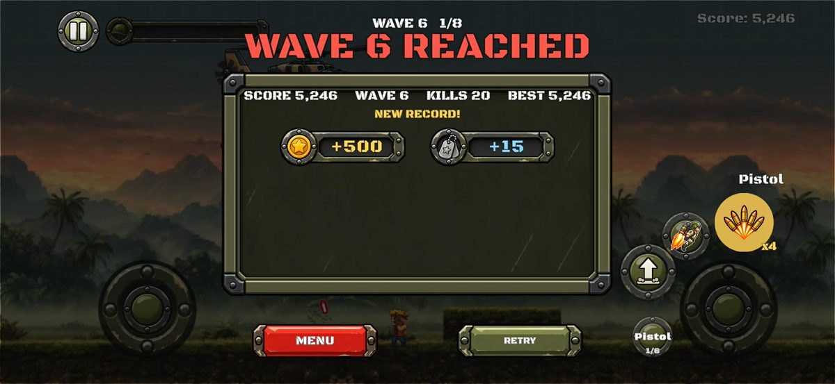 End-of-run screen with score, wave, and rewards.