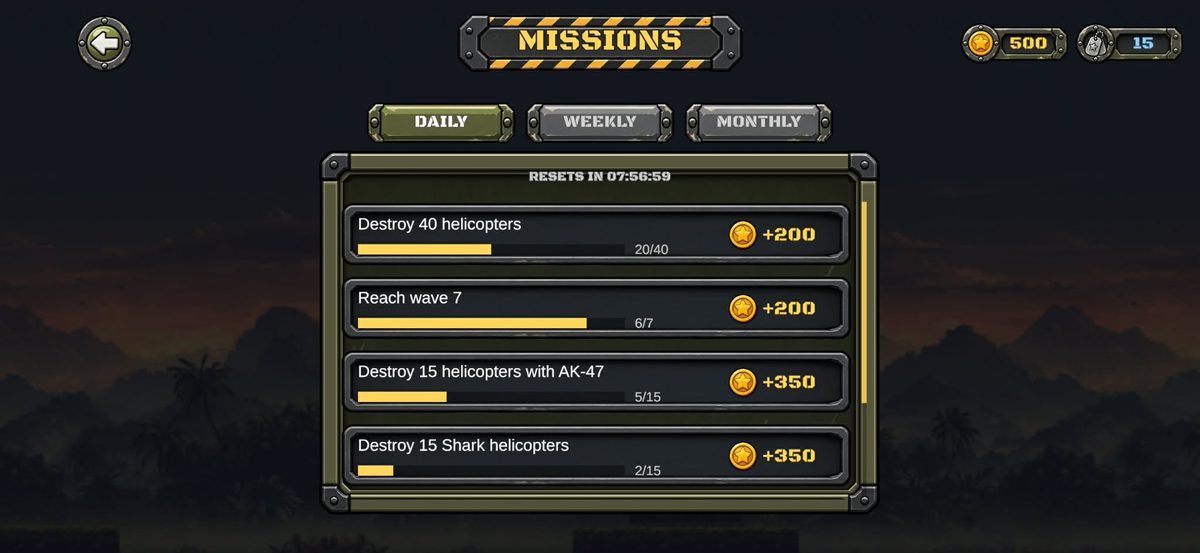 Daily missions with progress bars and gold rewards.