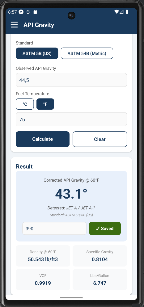 API gravity correction screen.