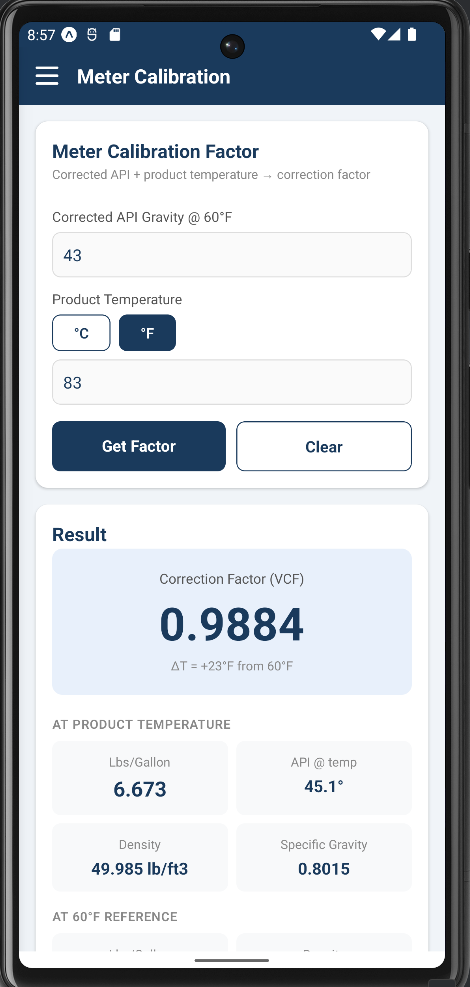 Meter calibration factor screen.