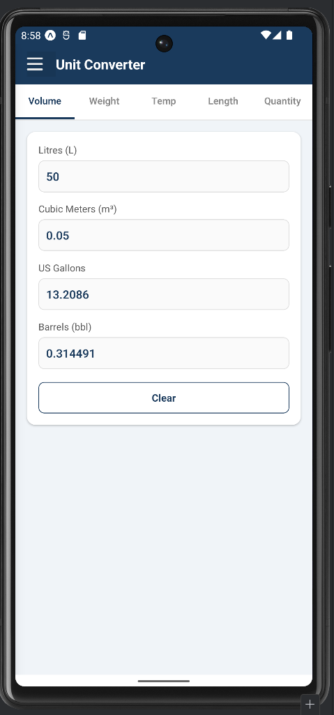 Unit converter screen.